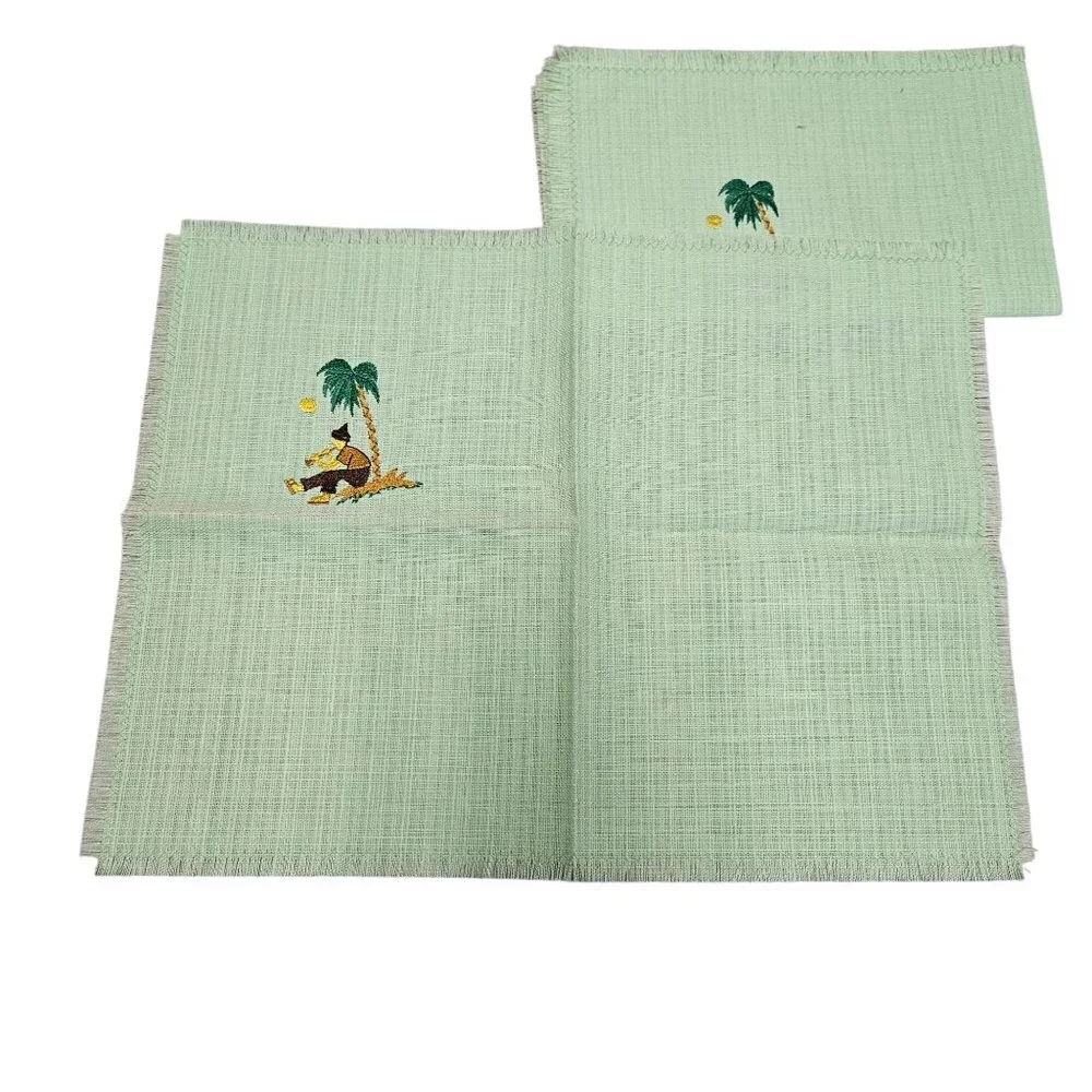 8 Vintage Tropical Themed Linen‎ Napkins Placemat Multicolor Needle Cross Stitch